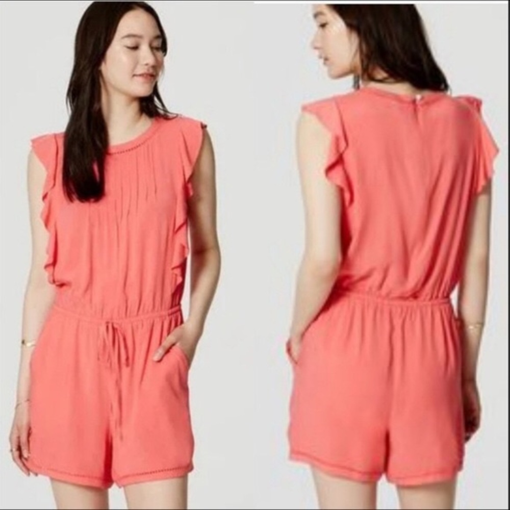 LOFT Drawstring Ruffle Coral Pink Romper‎